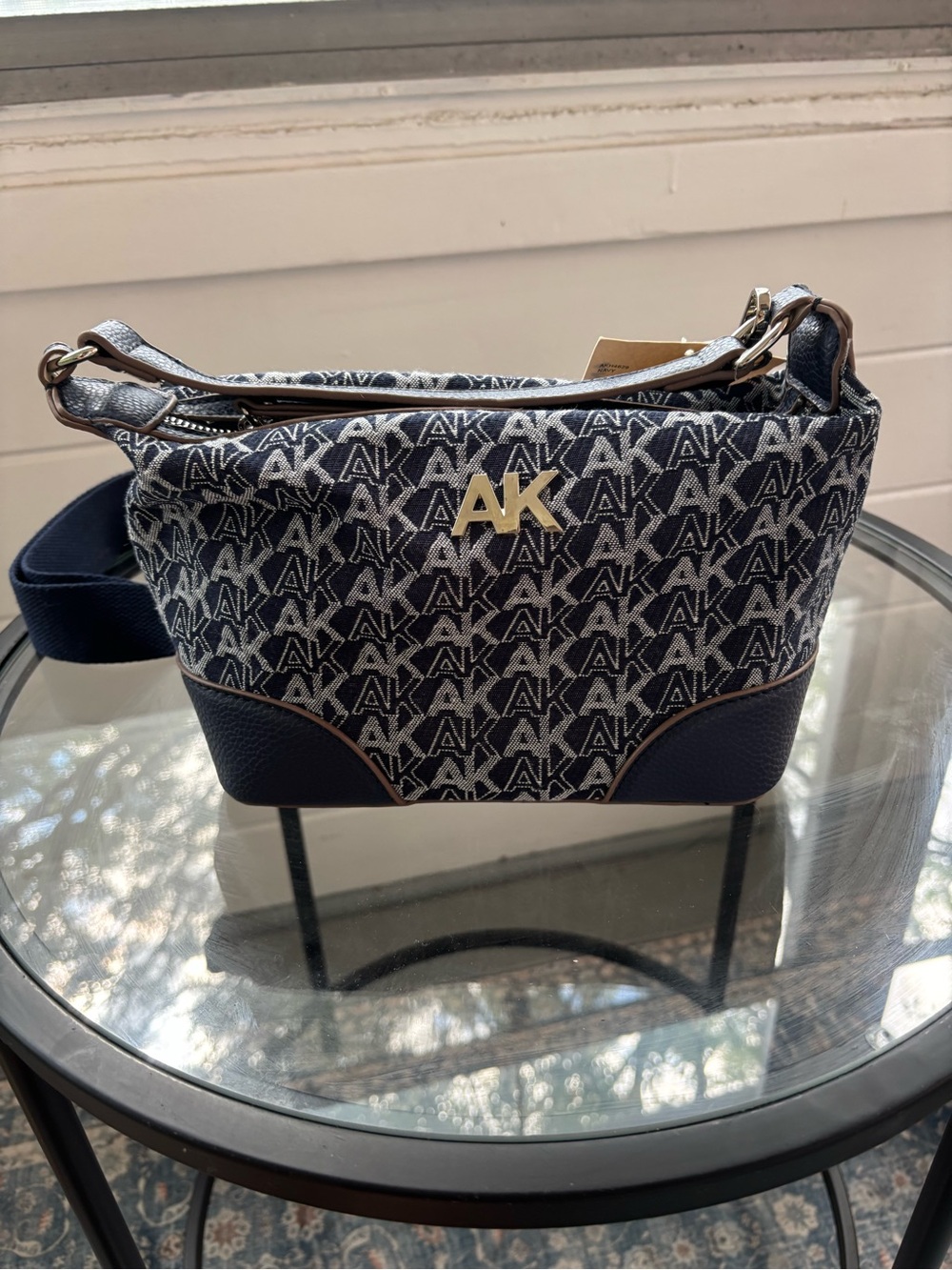 Patterned Navy Crossbody Bag with Gold Logo